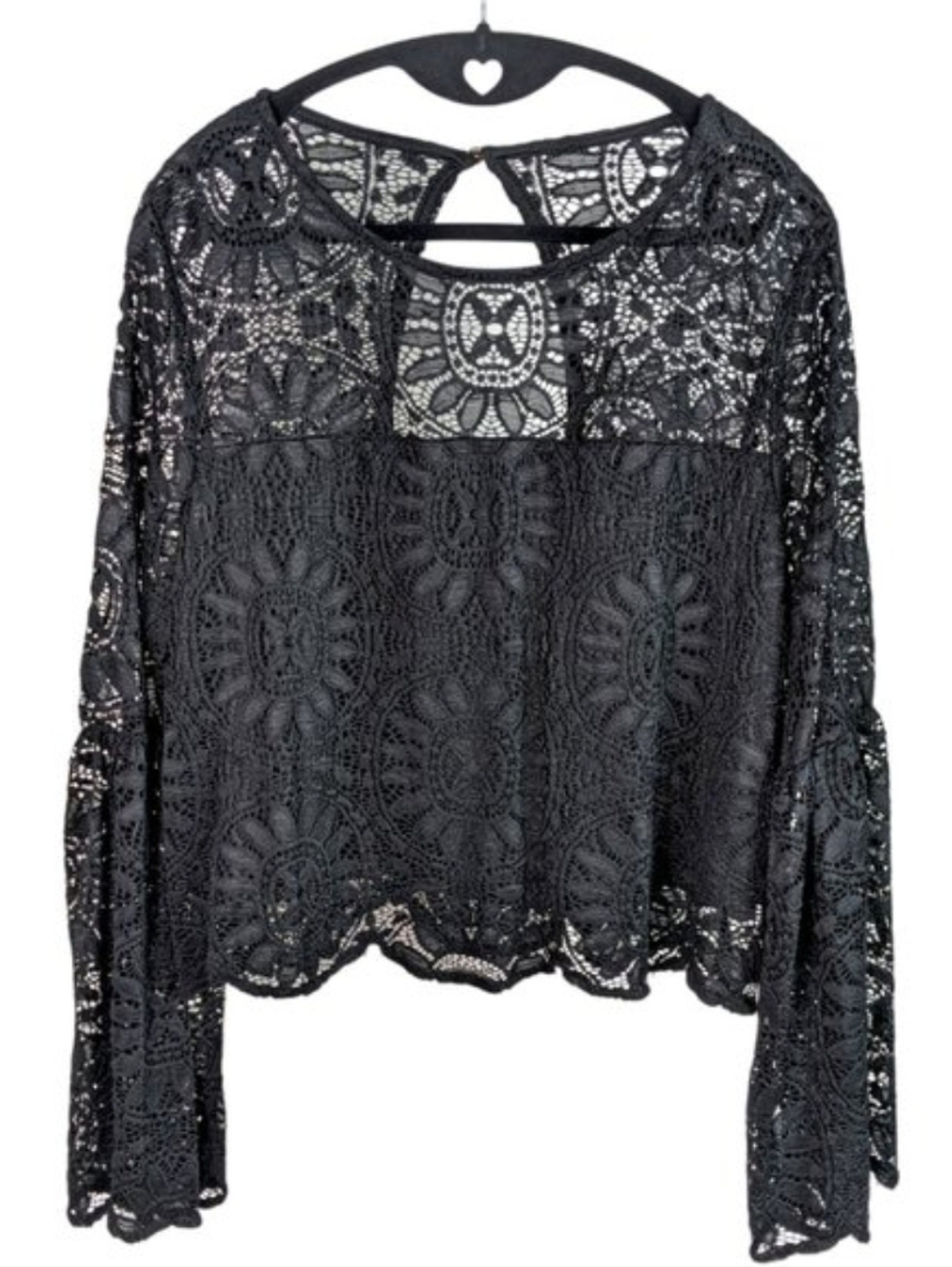 Black Lace Scalloped Hem Crop Top with Bell Sleeves, Size XXL